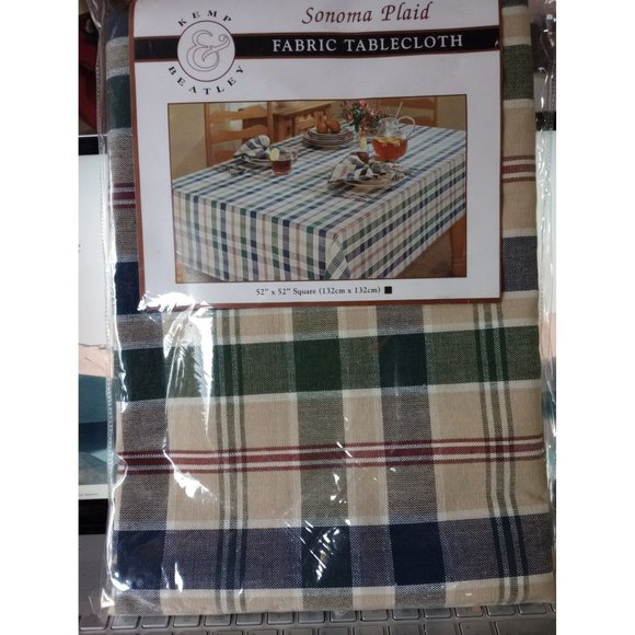 William Sonoma plaid fabric tablecloth square 52x52  NOS  52x52 Green/Tan - Picture 5 of 5